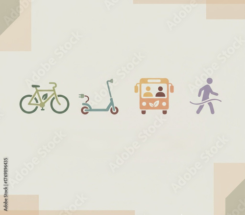 Sustainable urban mobility options Bicycle, electric scooter, public bus, and walking icons