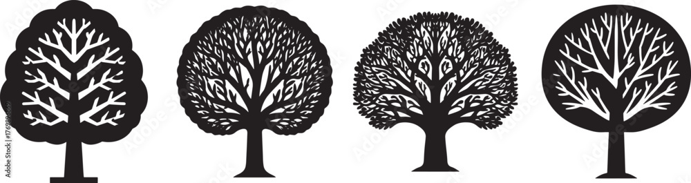 Naklejka premium Silhouette of four stylized deciduous trees in black and white with bare branches and distinct circular to oval canopy designs