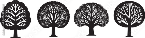 Silhouette of four stylized deciduous trees in black and white with bare branches and distinct circular to oval canopy designs