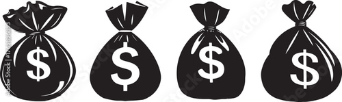 Silhouette of four black money bags with bold dollar symbols in white, each featuring different tied sack designs and rounded shapes, emphasizing financial themes in minimal vector illustration. 