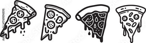Set of four melting pizza slice illustrations in black and white line art style with dripping cheese and visible toppings, emphasizing fast food cravings in playful vector design.