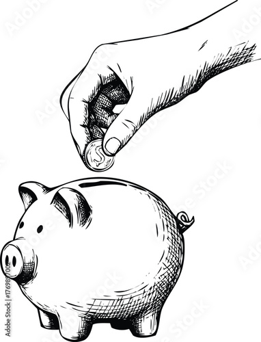 Hand putting coin into piggy bank engraving art design