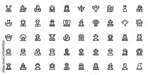 Fantastic characters vector icon set. Mythical creatres and legendary heroes cllection. Includes monster dragon, unicorn, ninja, sperhero, zombie, robot, alen and more. Editable stroe.