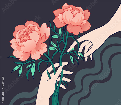 Surreal Abstract Illustration: Hands Reaching for Peony Blossom