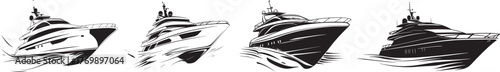 Luxury Yacht Collection Black and White Vector Illustration Set with Modern Motor Boats and Speedboats