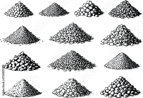 Collection of piles of gravel and stone engraving art design