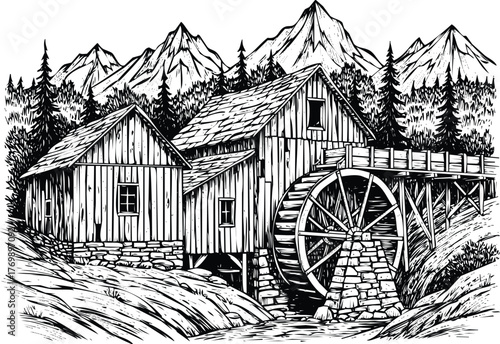 Old watermill with a large wheel in a mountainous landscape engraving art design