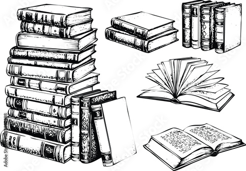 Collection of books stacked and open engraving art design