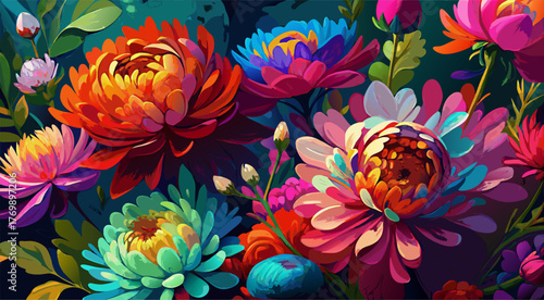 Vibrant Generative AI Oil Painting of Abundant Colorful Flowers