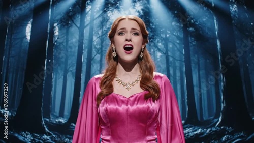 A young woman sings on an opera theater on stage