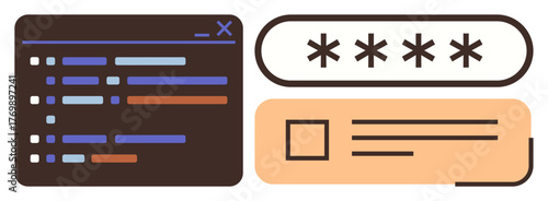 Code editor window, password field with asterisks, and login checkbox representing coding, authentication, and security. Ideal for programming, technology, cybersecurity, development coding