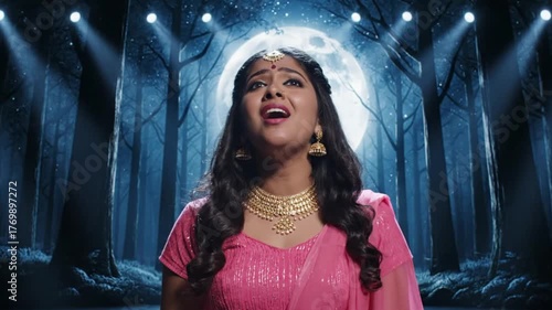 A young woman sings on an opera theater on stage