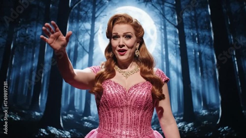 A young woman sings on an opera theater on stage