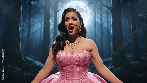 A young woman sings on an opera theater on stage