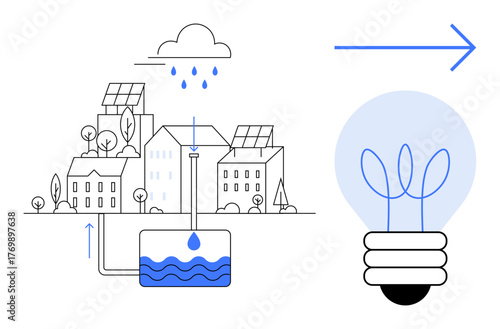 Rainwater harvesting system with solar panels converting stored water into energy, connecting to a light bulb. Ideal for sustainability, eco-smart cities, clean energy, green technology, renewable
