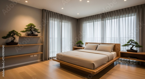Wallpaper Mural A minimalist bedroom with a low wooden bed frame, bedside tables, and decorative bonsai trees on shelves. Torontodigital.ca