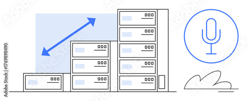 Stacked servers indicate data storage with blue arrows portraying scalability. Microphone highlights a voice recognition feature. Ideal for technology, AI, cloud computing, big data, innovation, IT