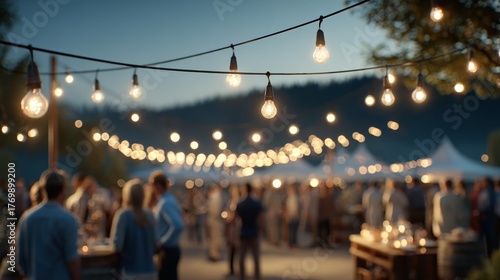 An outdoor evening scene with string lights hanging, people gathered and socializing in a relaxed atmosphere.