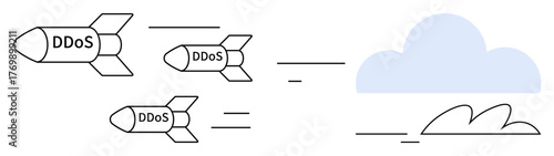 Three DDoS-labeled missiles streak toward a cloud, symbolizing cyberattacks and network threats. Ideal for cybersecurity, internet safety, cybercrime, cloud technology, IT infrastructure, data