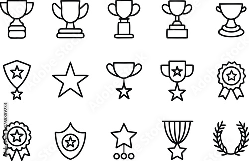 Outline awards and achievement icons set for success and victory