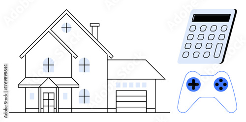 House design alongside calculator and game controller highlighting balance of home life, budgeting, and recreation. Ideal for finance, technology, gaming, home planning, leisure, lifestyle simple
