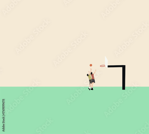 Basketball player performing slam dunk. Sport outdoor exercise. Happy childhood, game, activity.