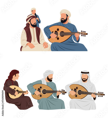 Arabic musicians playing oud illustration set for traditional music, culture and Middle Eastern art concept