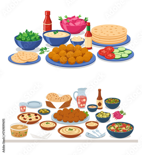 Arabic falafel table at party with traditional dishes and sauces for food blog and Middle Eastern cuisine design