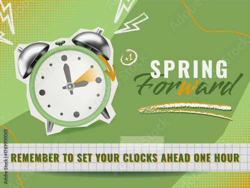 Spring Forward collage in green and orange colours. Alarm clock paper sticker on textured halftone background. Daylight saving time illustration
