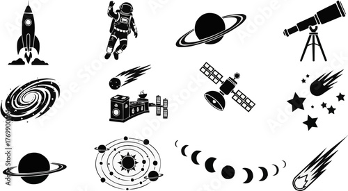 Black and white vector icon collection of astronomical elements and space exploration. Includes rocket, astronaut, planets (Saturn, Jupiter), telescope, moon phases, comet, and galaxy spiral.