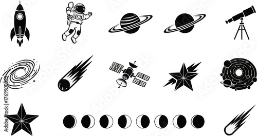 Vector icon set for astronomy and space exploration. Includes rocket, astronaut, satellites, planets, telescope, stars, and moon phases. Ideal for science and educational content.