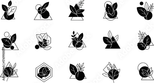 Modern vector icons combining plant elements with geometric shapes like hexagons and triangles. Excellent for sophisticated eco-friendly packaging, beauty products, or scientific botany presentations.
