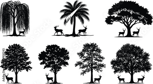 Tree silhouettes, deer silhouettes, forest wildlife, nature scene, woodland animals, seasonal trees, peaceful landscape, black vector, ecology, illustration