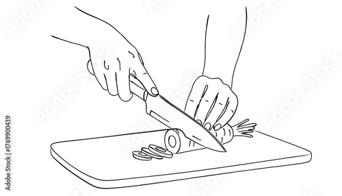包丁とまな板で人参を輪切りにする手の線画イラスト,料理,調理,キッチン,野菜,ベクター