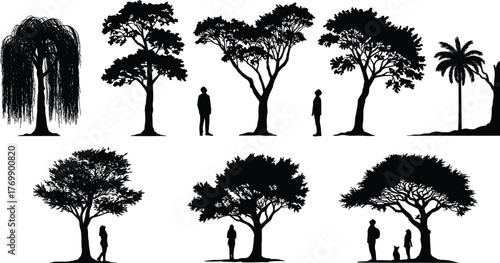 Tree silhouettes, human figures, nature vector, willow tree, palm tree, family interaction, landscape clipart, foliage shapes, outdoor scene, botany illustration