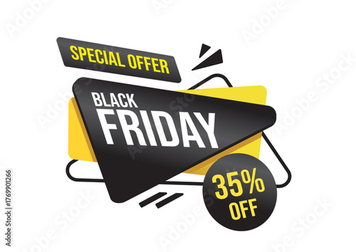 Eye catching Black Friday sale banner with special offer and 35 percent discount on white background. Promotion concept