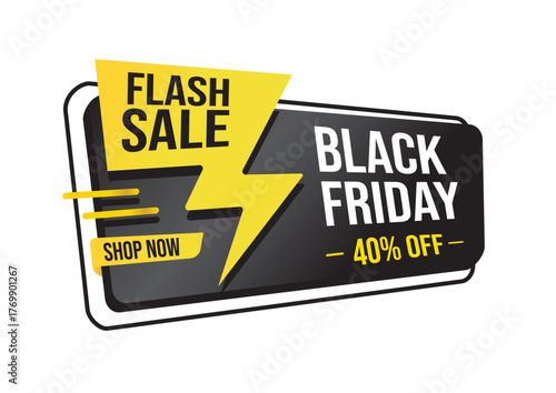 Dynamic Black Friday flash sale banner featuring 40 percent discount and a lightning bolt design on white background. Sale concept
