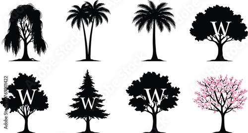 Tree silhouettes, willow, palm, conifer, flowering tree, seasonal foliage, nature icons, landscape elements, botanical shapes, editable vector, isolated trees