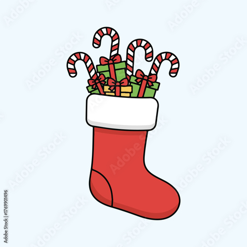 Christmas stocking filled with candy canes and gifts, cute holiday vector illustration for festive design and winter decor.