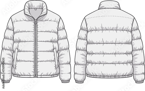 Puffer jacket, technical sketch, fashion flat, garment drawing, quilted coat, winter wear, ribbed cuffs, zipper front, apparel design, outerwear