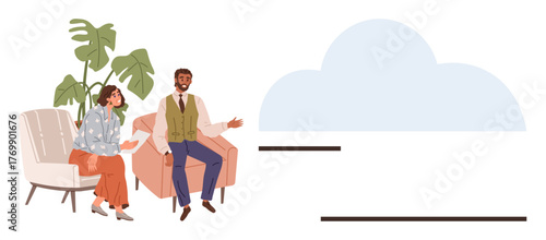 Two colleagues seated on chairs near indoor plant, engaged in discussion with cloud graphic. Ideal for teamwork, collaboration, technology, business strategy, planning, innovation communication. A
