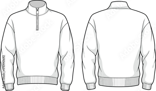 Pullover sweatshirt sketch, fashion flat drawing, technical garment illustration, casual wear design, ribbed cuffs, zipper collar, apparel template, vector art