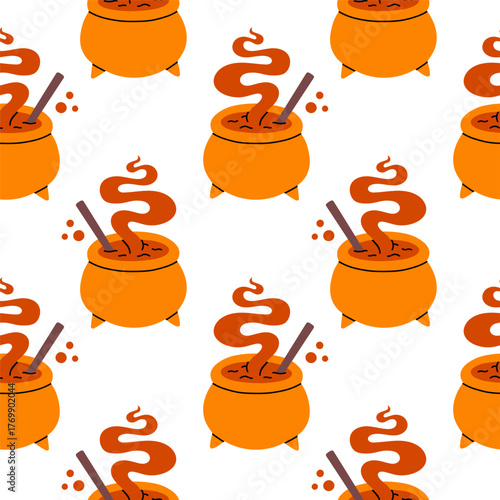 Simple cauldron hand drawn Halloween seamless pattern on white background. Vector wallpaper illustration repeat design for fabric print, sticker, cover, wrapping.