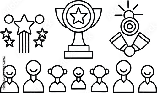 Business success and recognition line icons with trophy and stars