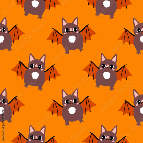 Simple bat hand drawn Halloween seamless pattern on orange background. Vector wallpaper illustration repeat design for fabric print, sticker, cover, wrapping.