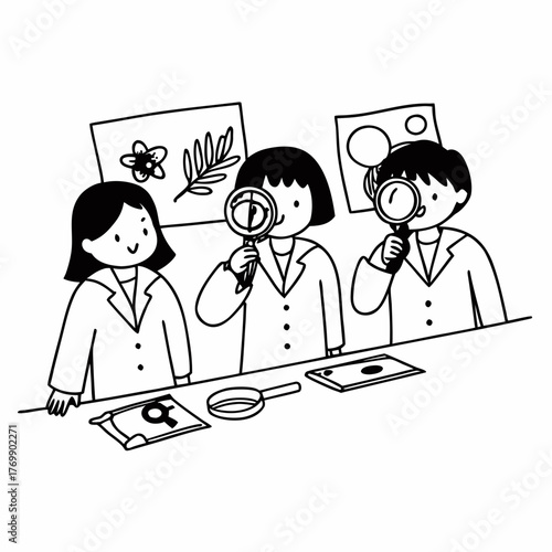 Children in lab coats examining botanical specimens