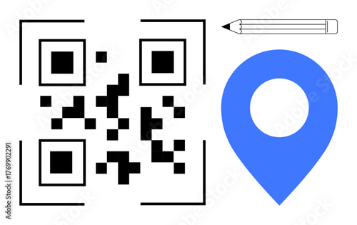 QR code next to a blue map pin and pencil representing digital tools, location, and creativity. Ideal for travel, navigation, technology, education, business marketing and design. Simple flat