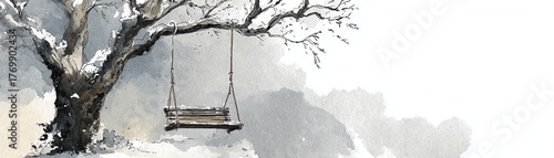 A serene winter scene featuring a bare tree and a swing, evoking a peaceful, nostalgic atmosphere with soft watercolor textures.