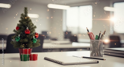 Small Christmas Tree with Red and Green Ornaments on Office Desk