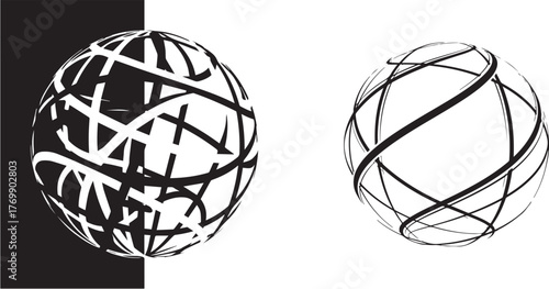 Abstract Contrasting Sphere Designs with Intertwined Black White Lines